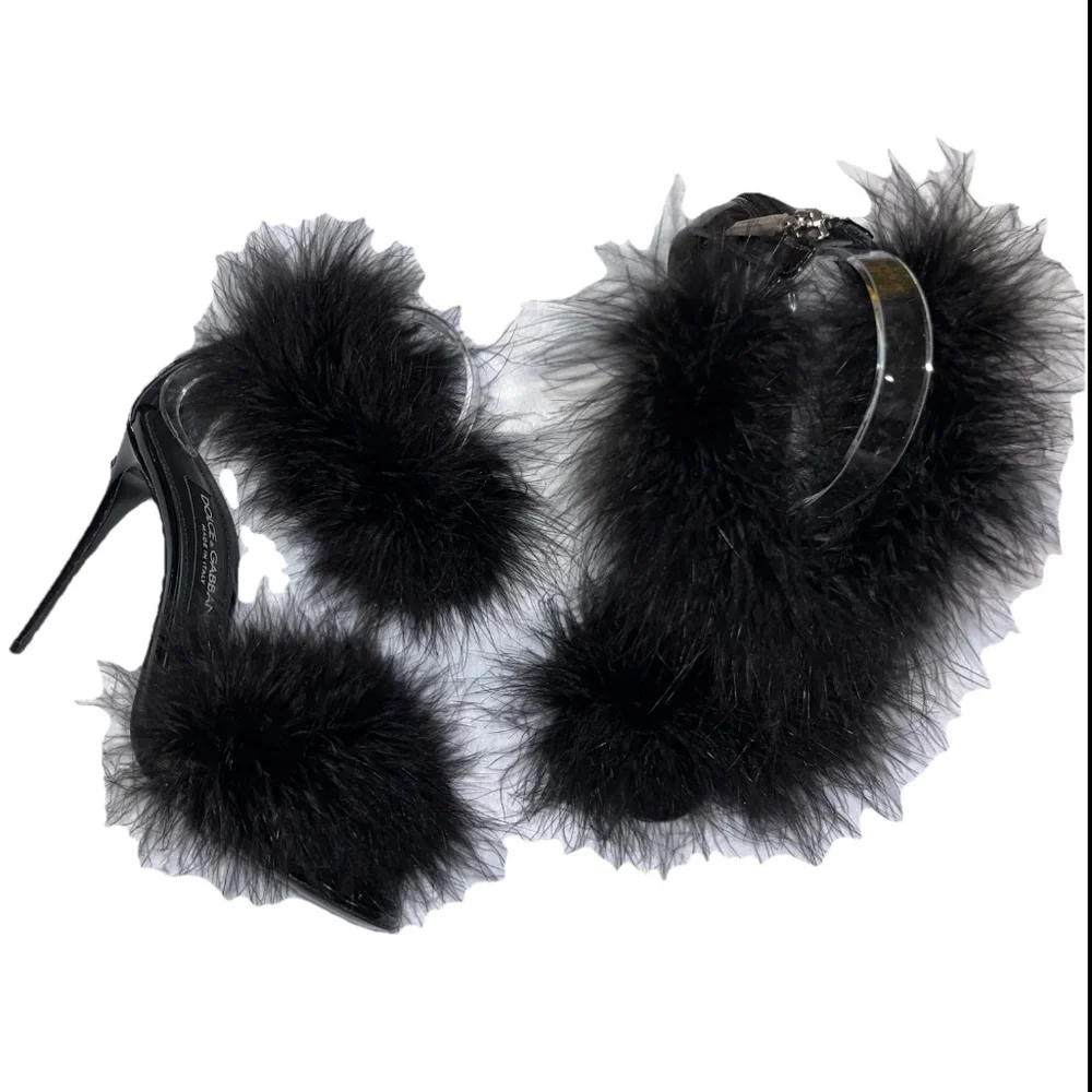 DOLCE & GABBANA Keira sandal heel black feather EU 37 105mm leather cocktail new - Picture 5 of 10